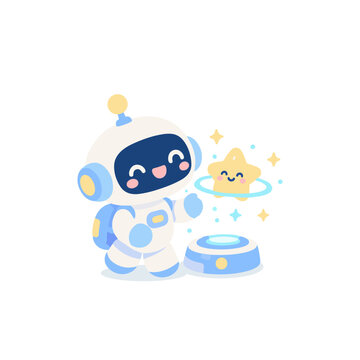 Cute Robot Projecting Tiny Glowing Hologram of Star Cartoon Illustration