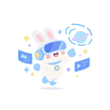 Cute Bunny Wearing Futuristic VR Headset Reaching Out Cartoon Illustration