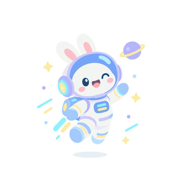 Cute Bunny in Futuristic Space Suit with Neon Glowing Stripes Cartoon Illustration