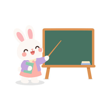 Cute Teacher Bunny Pointing at Board with Long Pointer Stick Cartoon Illustration