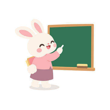 Cute Teacher Bunny Writing on Green Blackboard with Chalk Cartoon Illustration