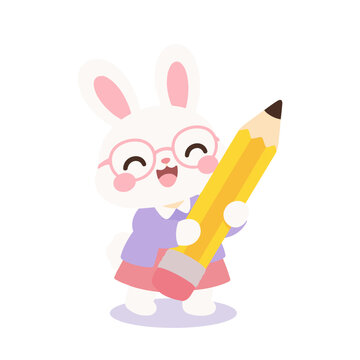 Cute Teacher Bunny Holding Giant Yellow Pencil Cartoon Illustration