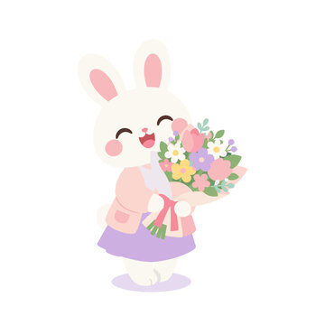 Cute Teacher Bunny Holding Bouquet of Colorful Flowers Cartoon Illustration