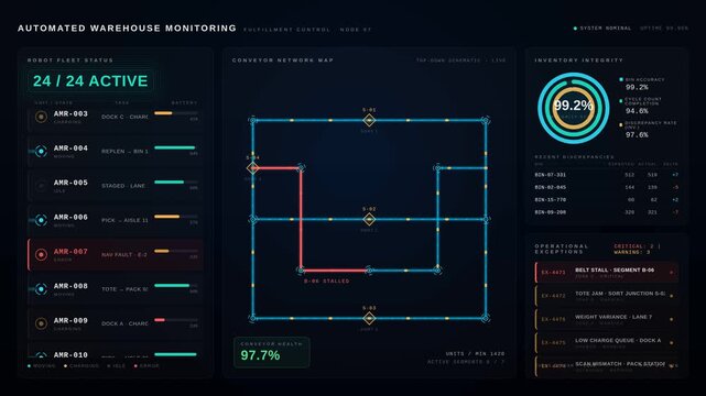 Explore a next-generation automated warehouse monitoring dashboard featuring conveyors, robots, and real-time inventory exception tracking in a sleek, high-tech environment.