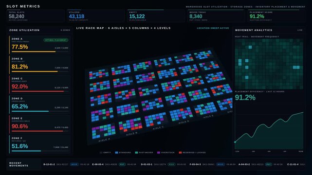Explore an immersive warehouse slot utilization dashboard in dark mode featuring animated rack visualizations, real-time inventory movement, and detailed analytics for optimal management.