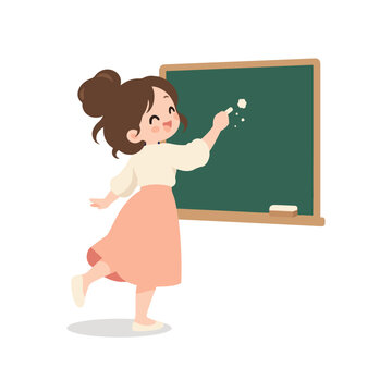 Funny Cute Teacher Writing on Green Blackboard with Chalk Dust Cartoon Illustration
