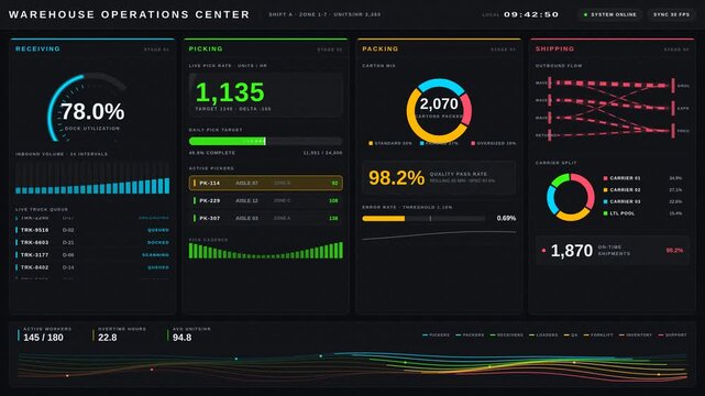 Cinematic 4K warehouse operations dashboard animation showcasing receiving, picking, packing, shipping, and labor productivity metrics with a modern dark mode design.
