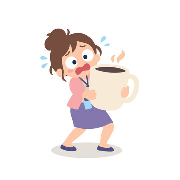 Funny Cute Teacher Desperately Holding Giant Coffee Mug Cartoon Illustration