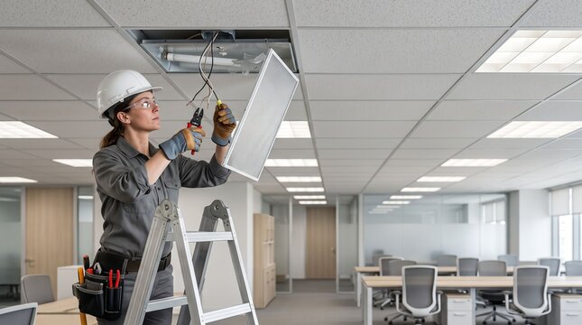 female electrician on a ladder repairing a broken ceiling light fixture with dangling loose wires and shattered bulb