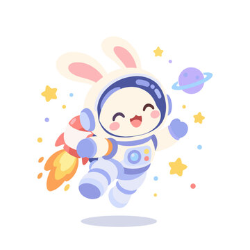 Cute Bunny Astronaut Floating in Space with Rocket Backpack Cartoon Illustration