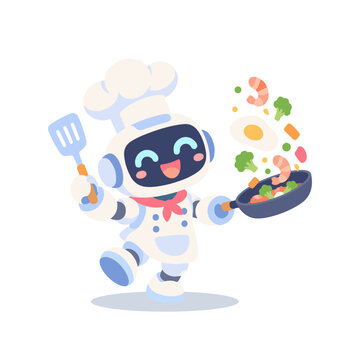 Cute Robot Chef Wearing Hat Cooking with Frying Pan Futuristic Cartoon Illustration