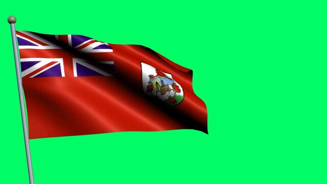 Bermuda flag billows from a pole on green screen, revealing star motif and billowing cloth with natural fabric motion; useful for destination guides, broadcast graphics, and documentary graphics.