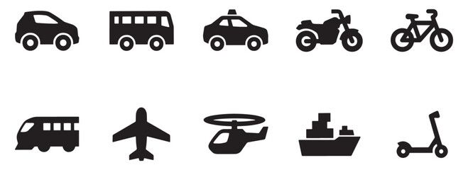 Obraz premium Transportation icon set featuring minimalist black silhouettes of cars bus train and air travel vehicles.