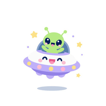 Cute Little Alien Riding Round UFO with Happy Face Cartoon Illustration