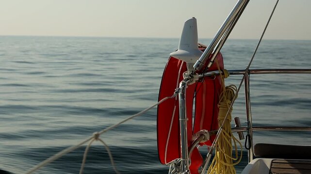 A red life jacket and a coil of rope on the railing of a yacht sailing in the open sea
