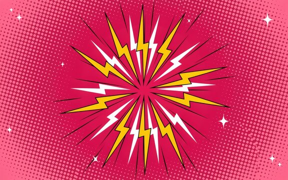Retro comic book style burst with yellow and white lightning bolts on pink halftone background