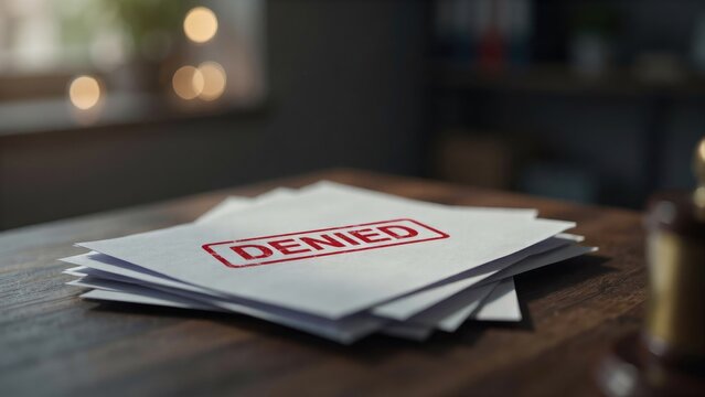Stack of white papers with a red denied rubber stamp impression on a wooden desk