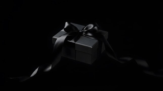 Elegant black gift box tied with a satin ribbon on a dark background