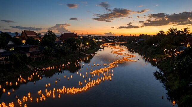 Traditional floating lanterns on a river in Thailand at sunset during the Loy Krathong festival with scenic temple architecture