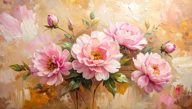 Hand-painted oil artwork with soft pastel pink flowers with bold palette knife strokes, earthy textured background, expressive irregular edges.