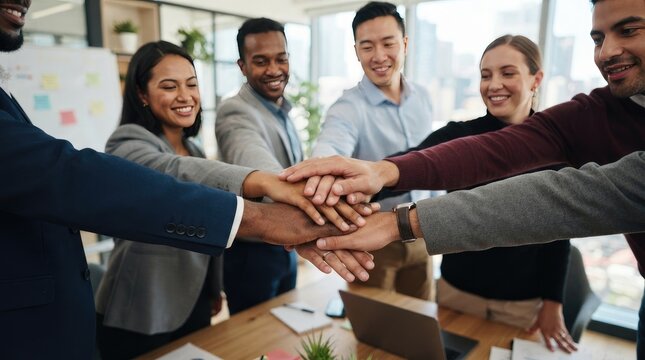 Diverse professional business team stacking hands together in a modern office, symbolizing unity, collaboration, teamwork, and corporate partnership during a meeting international day for tolerance