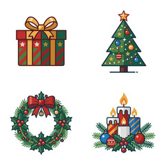 Fototapeta premium Festive Christmas Decorations with Gift Box Tree Wreath and Candle Arrangement.