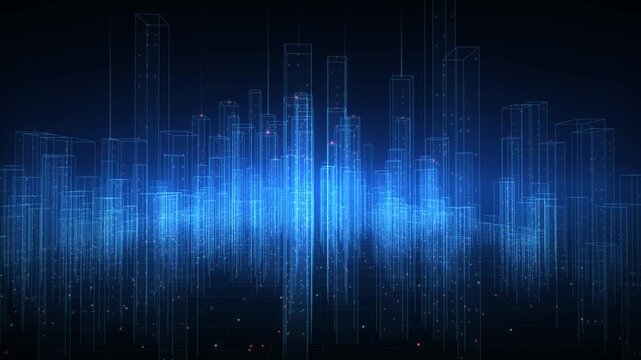 Abstract digital city skyline with glowing blue futuristic buildings and data streams in a dark cyberspace