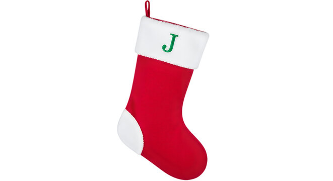 Red christmas stocking with letter j embroidery isolated on transparent background