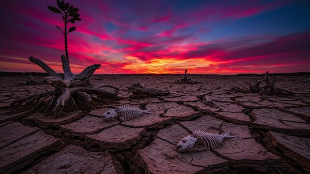 Dramatic time-lapse of a cracked desert landscape with fish skeletons during a sunset highlighting climate change