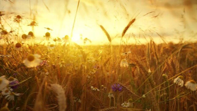Golden hour meadow with backlit chamomile and flowing grasses at sunset