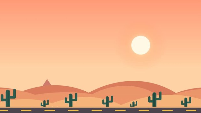 Flat vector desert landscape illustration with a road, saguaro cacti, and a warm glowing sun at sunset