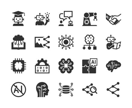 Artificial superintelligence and AI technology, monochrome icons set. Intelligent robot, advanced artificial intelligence, neural network, machine learning, AI agent. Black and white symbols