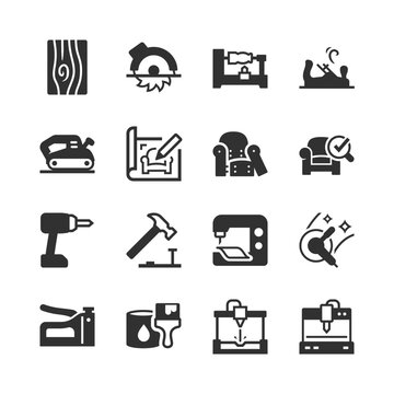 Furniture making and woodworking, monochrome icons set. Furniture design, carpentry, wood cutting, technical drawing, assembly, upholstery, repair, restoration, maintenance. Black and white symbols