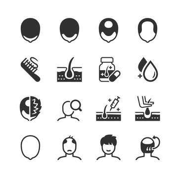 Hair loss and baldness treatment, monochrome icons set. Alopecia, thinning hair, scalp care, hair growth therapy, medication, injection treatment and hair restoration. Black and white symbols