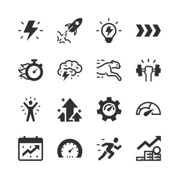 High performance and productivity, monochrome icons set. Maximum efficiency, increased capacity, accelerated work, power, speed, achievement, growth, optimization. Black and white symbols