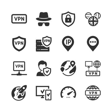 VPN service and online privacy, monochrome icons set. Virtual private network, secure internet connection, anonymous browsing, data encryption, location change. Black and white symbols