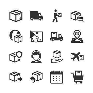 Parcel delivery and shipping service, monochrome icons set. Package transportation, courier delivery, cargo handling, logistics, air freight and ecommerce shipment. Black and white symbols