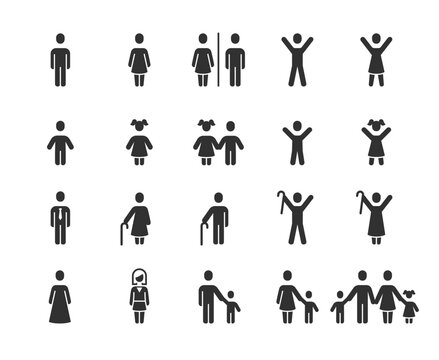 People silhouettes and human figures, monochrome icons set. Minimalist male and female symbols, adult, child, elderly person, couple and family, different age groups. Black and white symbols