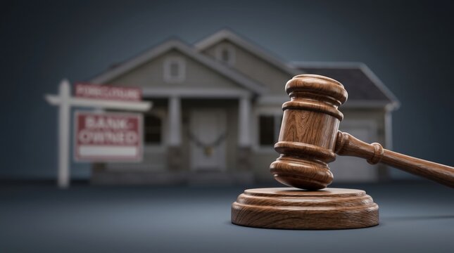 Judge gavel before a blurred suburban house and foreclosure sign, illustrating mortgage default, property law and financial hardship