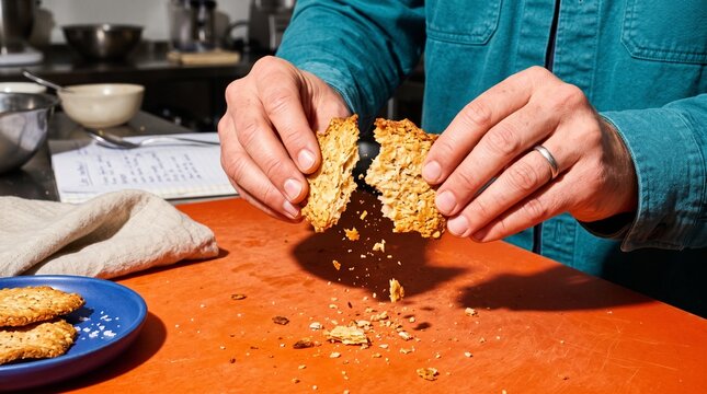 Hands snap a crisp cracker for texture development