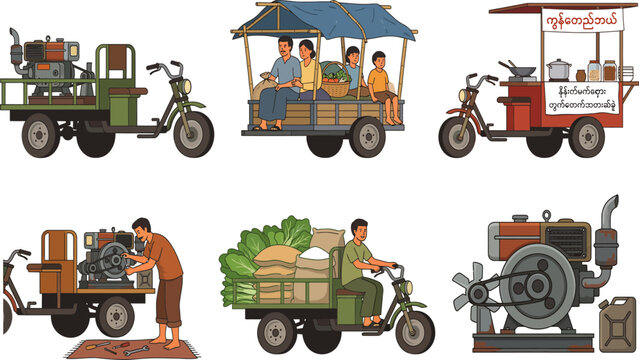 Illustrated vintage motorized carts and vehicles for transportation and commerce