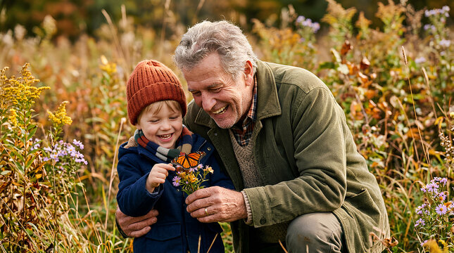 joyful moment between grandfather and grandchild exploring wildflowers in a vibrant field during autumn