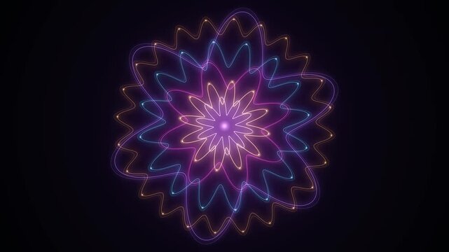 Abstract glowing neon mandala flower shape with pulsating light trails and particles on a dark background
