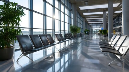 Fototapeta premium Modern airport terminal with rows of empty seating large and polished floors reflecting sunlight