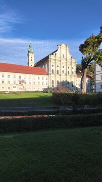 Fuerstenfeld Monastery in Fuerstenfeldbruck near Munich, Upper Bavaria: Baroque Cistercian abbey church with historic cloister courtyard and cultural heritage architecture