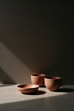 Minimalist terracotta ceramic bowls on concrete surface for tea ceremony