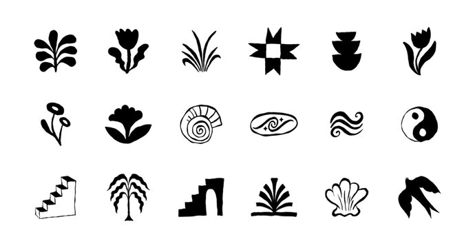 Hand Drawn Primitive Nature Vector Symbols Collection with Flowers, Plants, Spirals, Yin Yang, Waves, Shells, Geometric Forms and Organic Motifs 