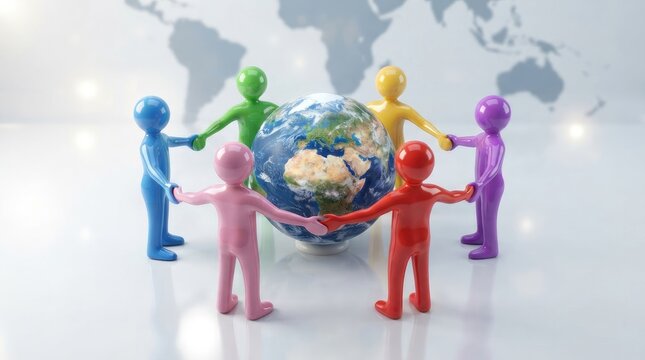 Colorful 3d human figures holding hands around a globe representing global unity,  and international cooperation in a conceptual business or social connection theme international day for tolerance