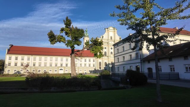 Fuerstenfeld Monastery in Fuerstenfeldbruck near Munich, Upper Bavaria: Baroque Cistercian abbey church with historic cloister courtyard and cultural heritage architecture