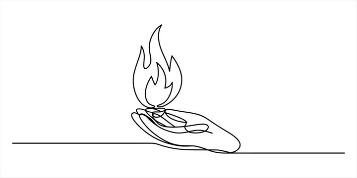 Continuous single line drawing of a human hand holding a small flickering flame representing energy and power